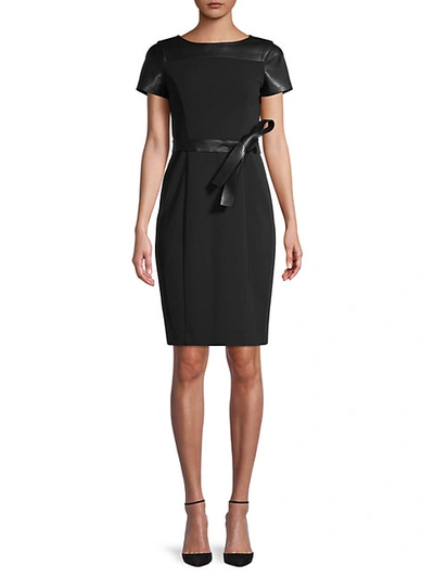 Shop Calvin Klein Belted Faux Leather-trim Sheath Dress In Black