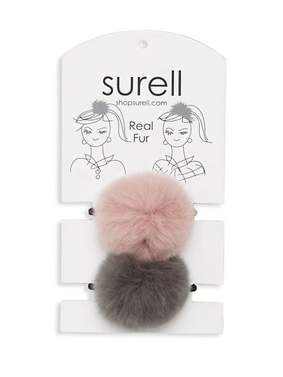 Shop Surell Rabbit Fur Pom Pom Hair Tie In Light Blue Taupe