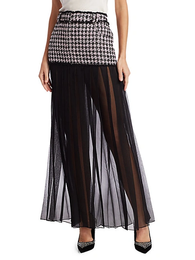 Shop Balmain Chiffon-trimmed Tweed Maxi Skirt In Noir Rose