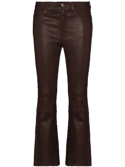 Shop Frame Le Crop Leather Flared Trousers In Brown