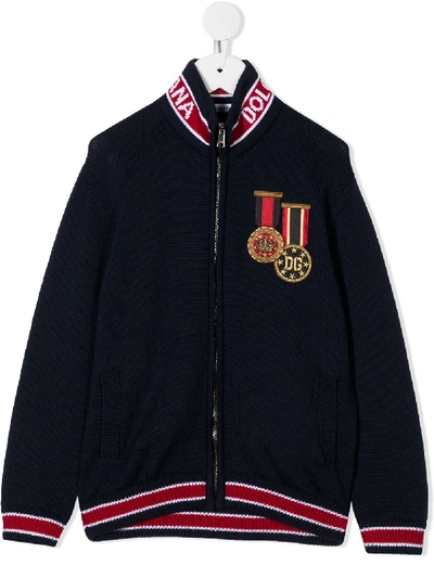Shop Dolce & Gabbana Logo Medals Detail Knitted Jacket In Blue