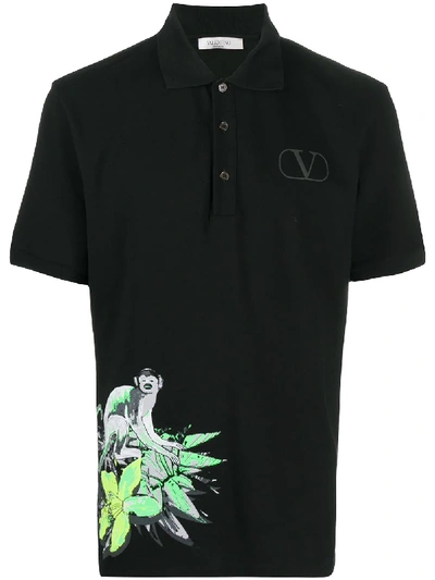 Shop Valentino Monkey-print Polo Shirt In Black