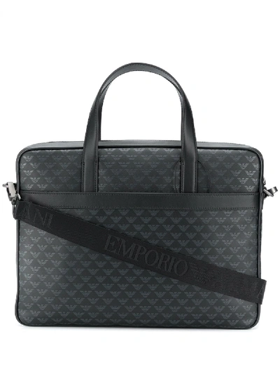 Shop Emporio Armani Monogram Print Leather Briefcase In Black