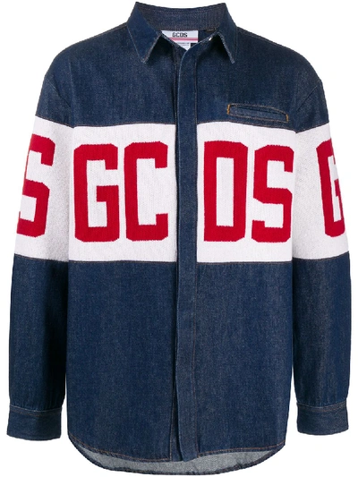 Shop Gcds Long-sleeved Logo Denim Jacket In Blue