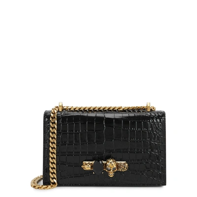 Shop Alexander Mcqueen Jewelled Satchel Crocodile-effect Leather Shoulder Bag In Black