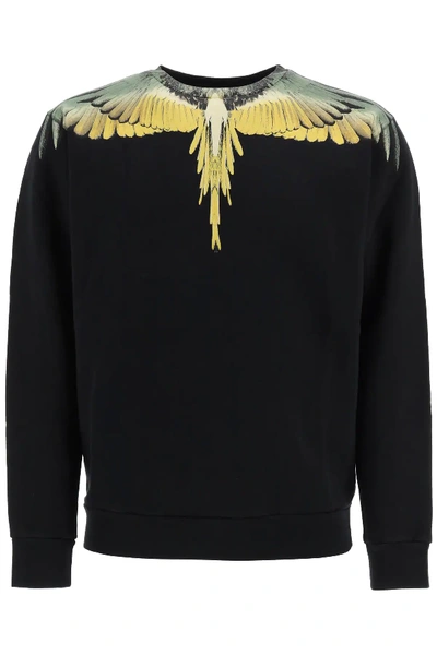 Shop Marcelo Burlon County Of Milan Wings Print Crew Neck Sweatshirt In Black,yellow,khaki