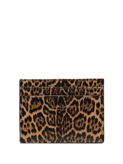 Shop Saint Laurent Leopard Print Card Case In Brown