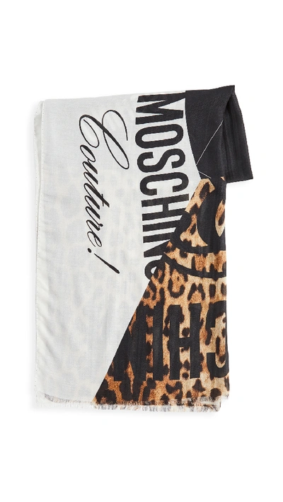 Shop Moschino Animal Print Logo Scarf In White/black