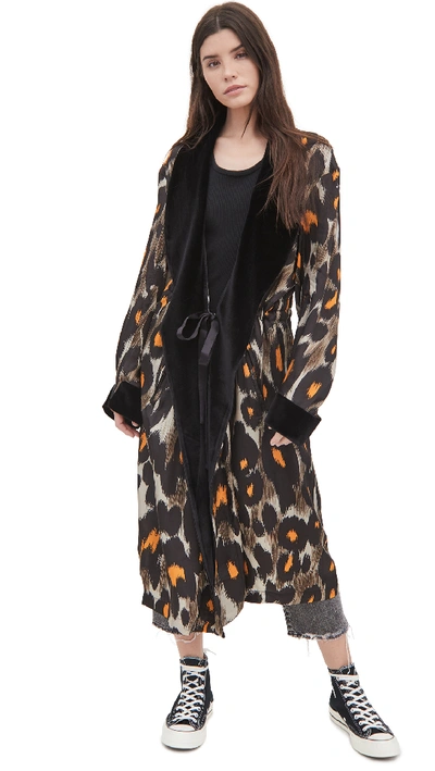 Shop R13 Robe With Cinched Waist In Grey/orange Leopard