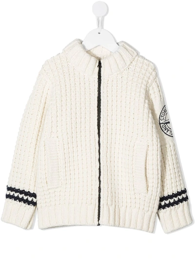 Shop Stone Island Junior Chunky-knit Zipped Cardigan In White