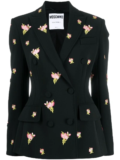 Shop Moschino Floral Embroidery Double-breasted Blazer In Black