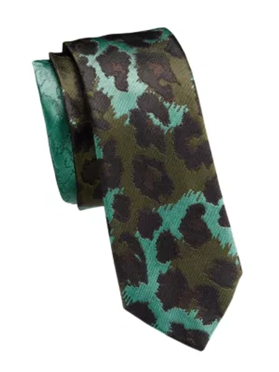 Shop Dries Van Noten Jacquard Leopard-print Silk Tie In Turquoise