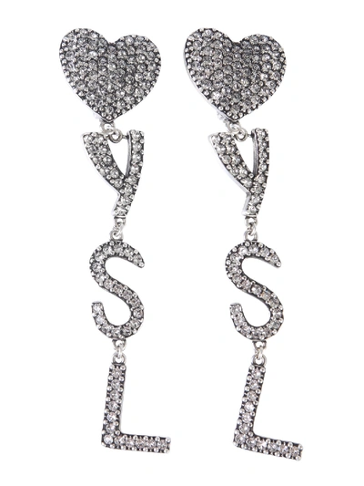 Shop Saint Laurent Pendant Earrings With Hearts And Logo In Argento