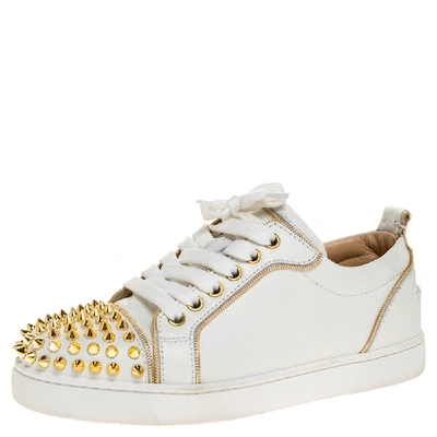 Pre-owned Christian Louboutin White/gold Leather Louis Junior Spikes Sneakers Size 35