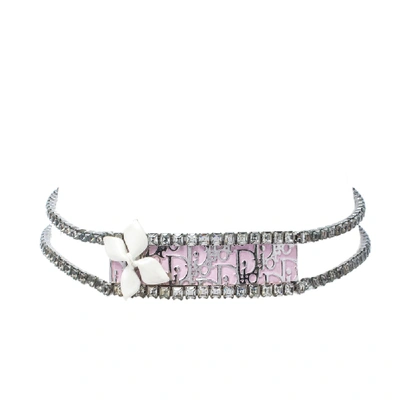 Pre-owned Dior Enamel Crystal Embellished Silver Tone Choker Necklace Adjustable In Pink