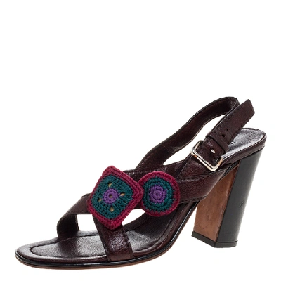 Pre-owned Prada Brown Leather Embellished Cross Strap Slingback Sandals Size 38