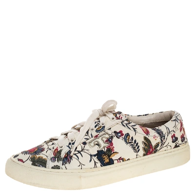 Pre-owned Tory Burch White Floral Print Leather Amalia Low Top Sneakers Size 39.5