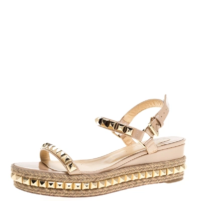Pre-owned Christian Louboutin Beige Patent And Gold Studded Leather Cataclou Espadrille Wedge Sandals Size 39
