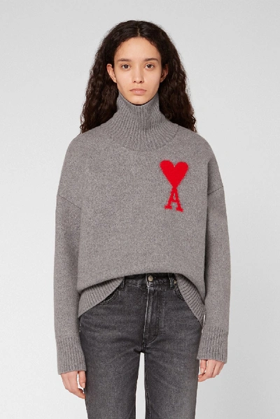 Shop Ami Alexandre Mattiussi Ami De Coeur Intarsia Oversize Funnel Neck Felted Sweater In Grey