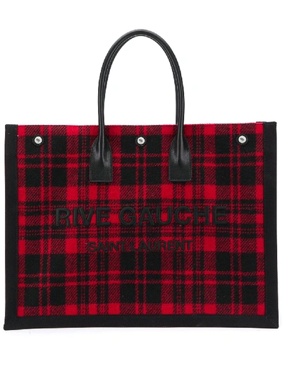 Shop Saint Laurent Rive Gauche Linen And Leather Shopping Bag In Red