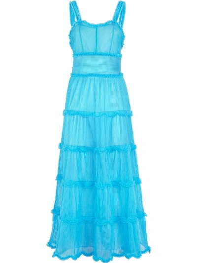 Shop Fendi Ruffle And Pintuck Embellished Midi Dress In Blue