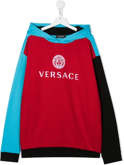 Young Versace Teen Logo-print Colour Block Hoodie In Red