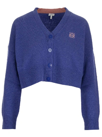 Shop Loewe Anagram Embroidered Cropped Cardigan In Blue