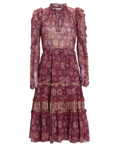 Shop Ulla Johnson Alessandra Ruffled Floral Midi Dress In Burgundy/purple
