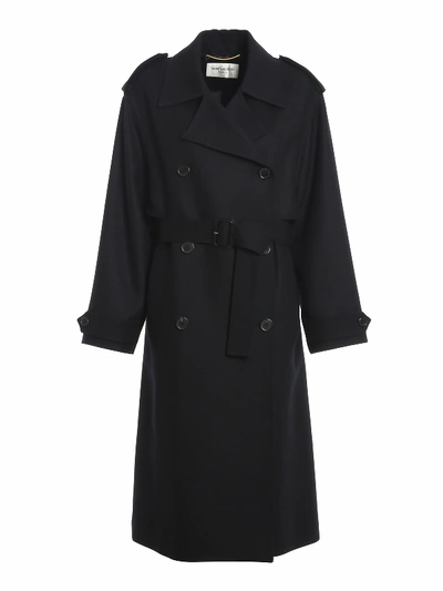 Shop Saint Laurent Wool Double-breasted Trench Coat In Black