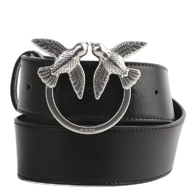 Shop Pinko Black Leather Belt With Love Birds Buckle