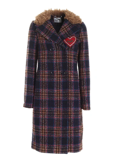 Shop Be Blumarine Heart Patch Checked Coat In Blue