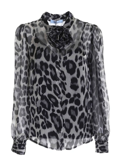 Shop Blumarine Animal Print Silk Shirt Featuring Floral Brooch In Black