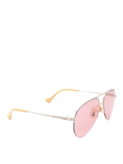 Shop Gucci Pilot Sunglasses In Silver Color With Pink Lenses