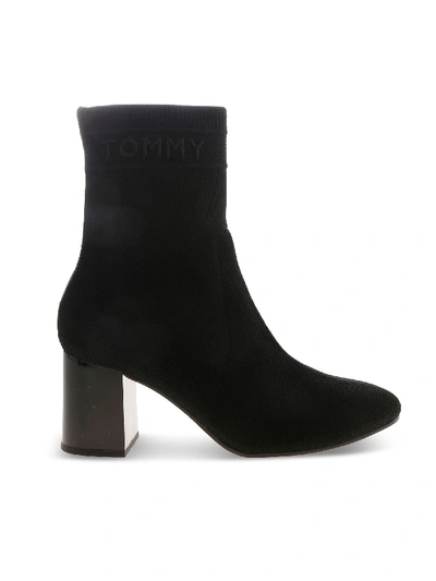 Shop Tommy Hilfiger Logo Knitted Ankle Boots In Black