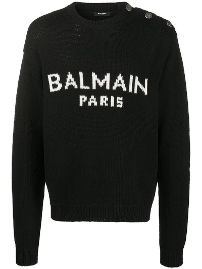 Shop Balmain Logo Intarsia Knit Jumper In Black