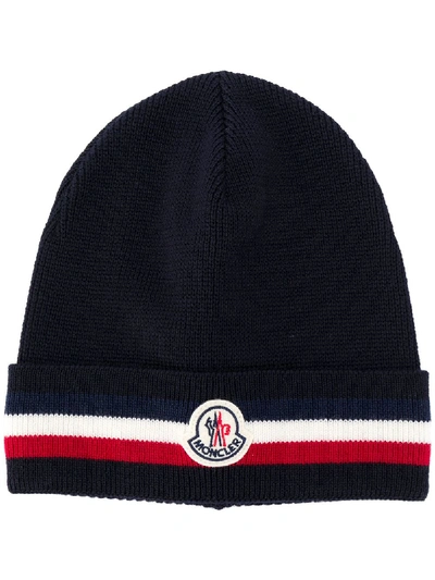 Shop Moncler Striped Knitted Beanie In Blue