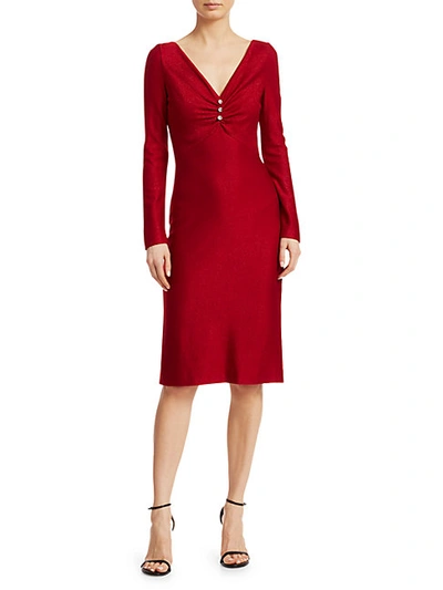 Shop St. John Evening Shimmer Wool-blend V-neck Dress In Ruby