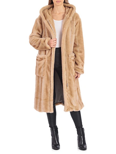 Shop Avec Les Filles Hooded Faux Fur Coat In Beige