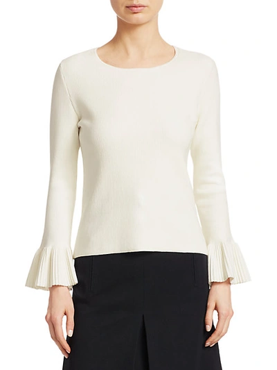 Shop Akris Punto Flounce-sleeve Knit Pullover Sweater In Cream