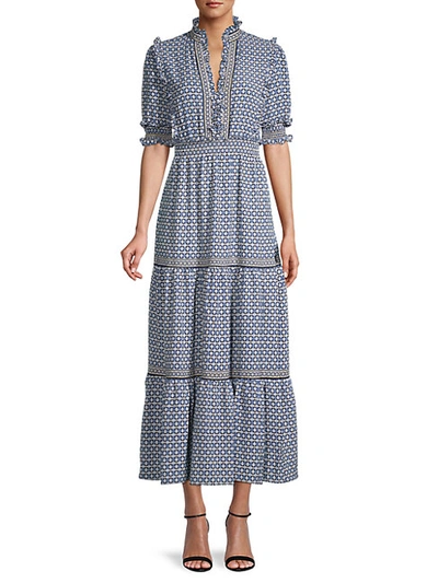Shop Max Studio Printed Tiered Maxi Dress In Chambray
