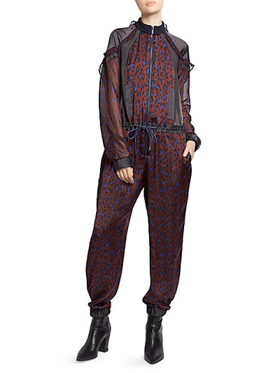 Shop Sacai Satin Ruffled Leopard-print Jumpsuit In Bordeaux