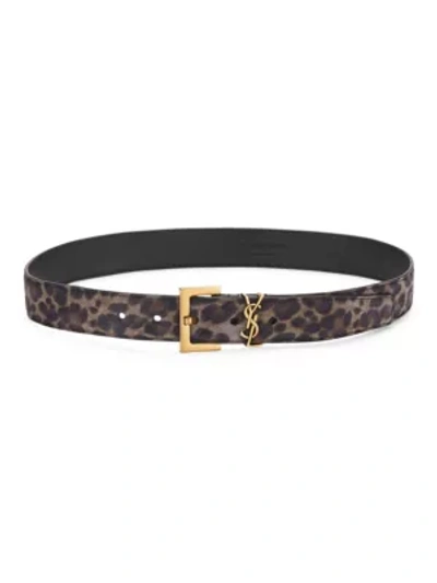 Shop Saint Laurent Monogram Leopard-print Leather Belt In Brown