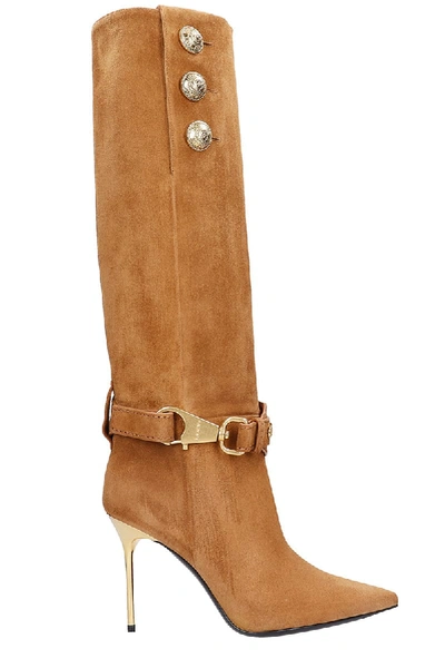Shop Balmain Robin High Heels Boots In Leather Color Suede