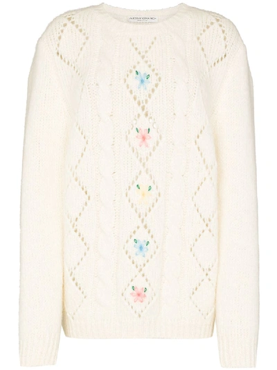Shop Alessandra Rich Floral-embroidered Fine-knit Jumper In White