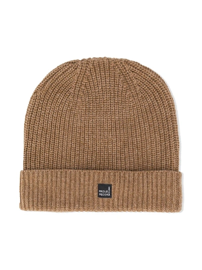 Shop Paolo Pecora Teen Logo Patch Beanie Hat In Brown