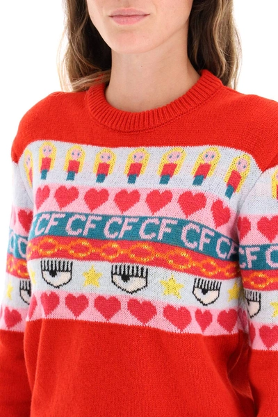 Shop Chiara Ferragni Norwegian Jacquard Crewneck Sweater In Red