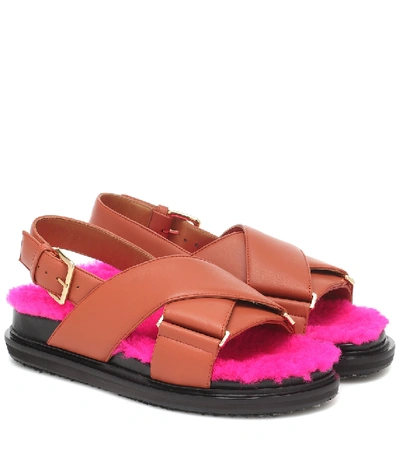 Shop Marni Fussbett Shearling-trimmed Sandals In Brown