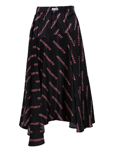 Shop Balenciaga Red And Black Asymmetric Logo Print Silk Midi Skirt