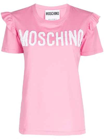 Shop Moschino Ruffle-sleeve Cotton T-shirt In Pink