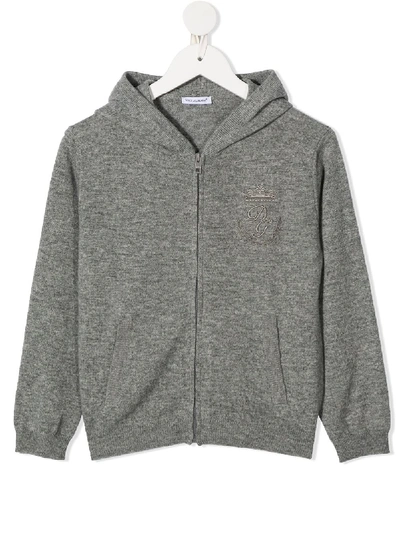 Shop Dolce & Gabbana Logo Embroidery Zipped Hoodie In Grey
